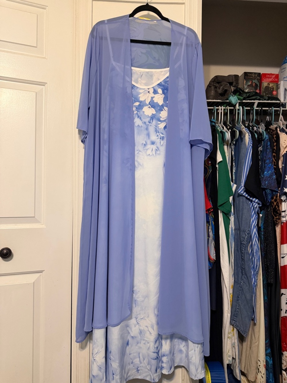 Blue Floral Lace-Trim Dress with Sheer duster